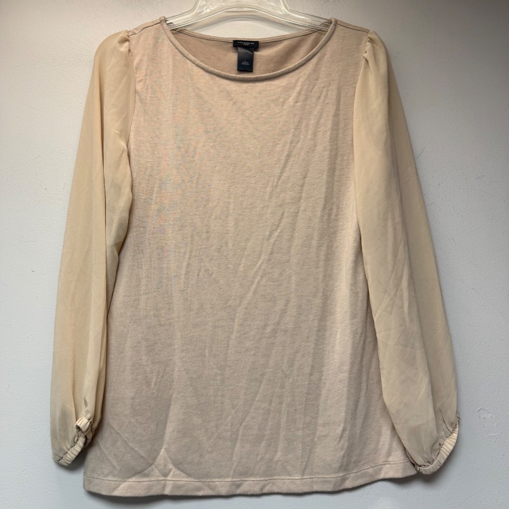 Ann Taylor Mixed Media Top Women Large Beige Excellent Sheer Chiffon Sleeve